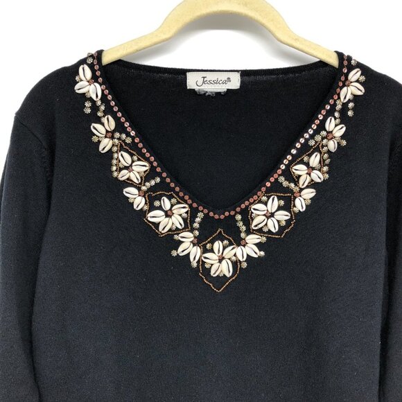 Jessica Black shell embellished V-neckline 3/4 Sleeve Blouse size ~M - Picture 4 of 12